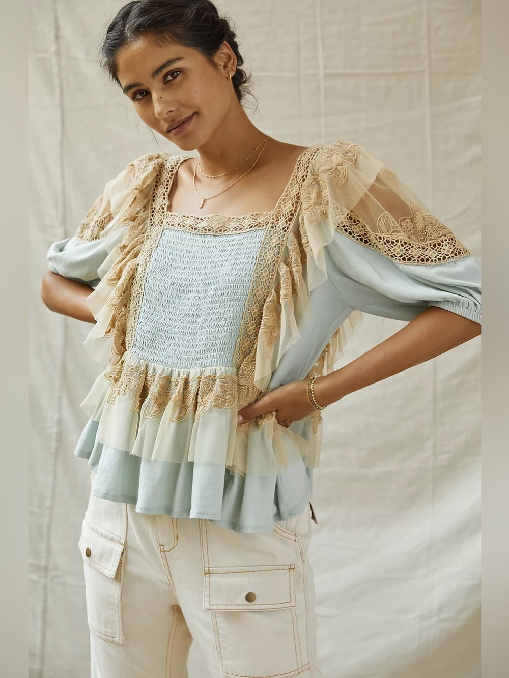 NWT Forever That Girl Blue/Tan Ruffle Lace Peplum Fairy Top Large Anthropologie - Picture 1 of 16